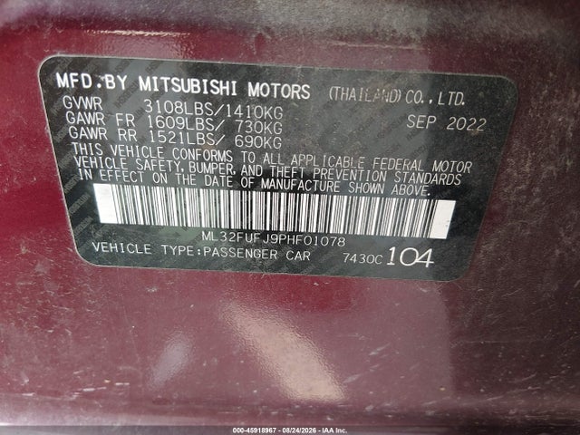 Aukcja sprzedaży 2023 Mitsubishi Mirage G4 Black Edition/es/le, vin: ML32FUFJ9PHF01078, numer aukcji: 45918967