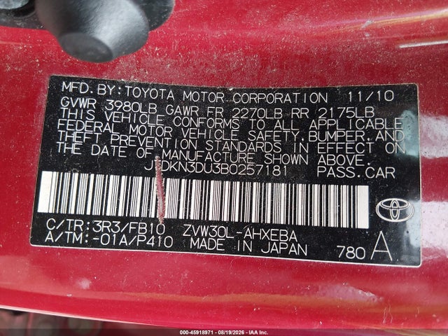 2011 Toyota Prius Two მანქანა იყიდება აუქციონზე, vin: JTDKN3DU3B0257181, აუქციონის ნომერი: 45918971