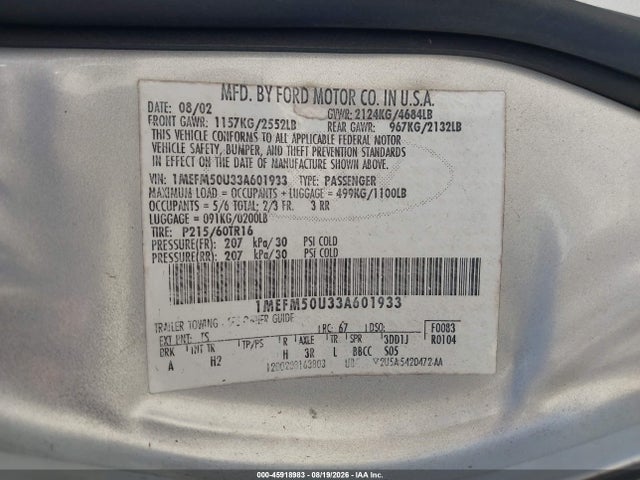 Продажа на аукционе авто 2003 Mercury Sable Gs, vin: 1MEFM50U33A601933, номер лота: 45918983