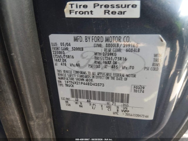Продаж на аукціоні авто 2004 Ford F-250 Lariat/xl/xlt, vin: 1FTNX21P44ED43573, номер лоту: 45918987