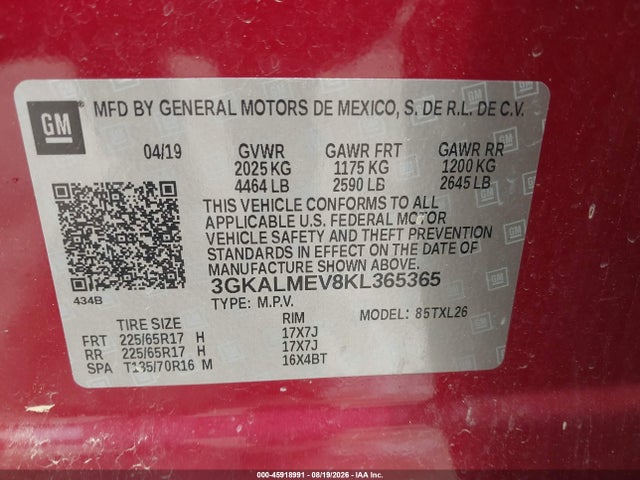 Продаж на аукціоні авто 2019 Gmc Terrain Sle, vin: 3GKALMEV8KL365365, номер лоту: 45918991