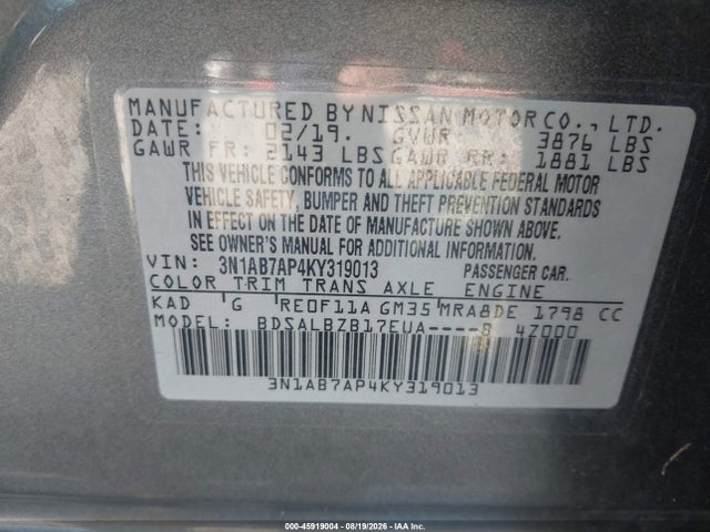 Продажа на аукционе авто 2019 Nissan Sentra S, vin: 3N1AB7AP4KY319013, номер лота: 45919004