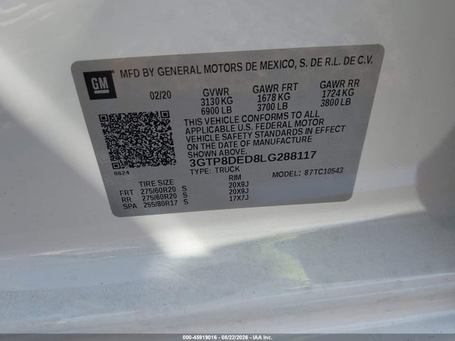 Продаж на аукціоні авто 2020 Gmc Sierra 1500 2wd  Short Box Slt, vin: 3GTP8DED8LG288117, номер лоту: 45919016