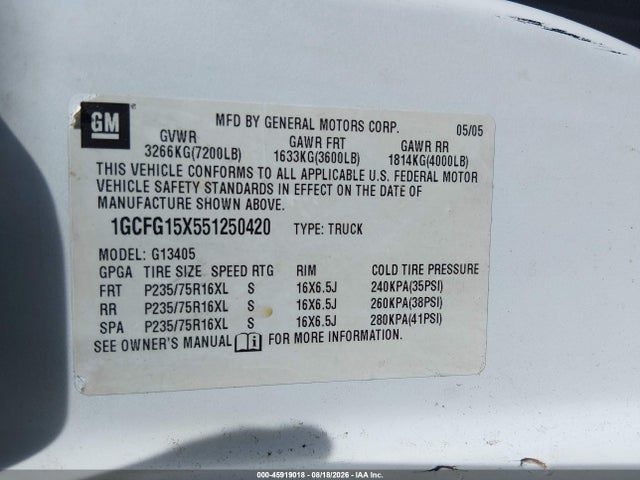 45919018 :رقم المزاد ، 1GCFG15X551250420 vin ، 2005 Chevrolet Express مزاد بيع