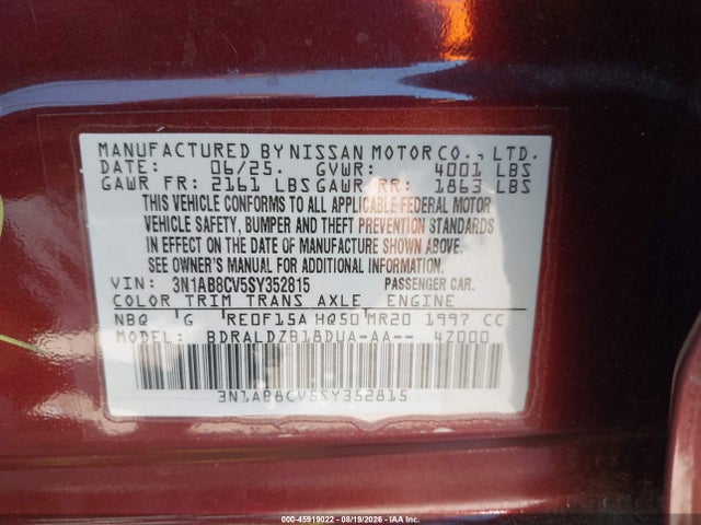 Продаж на аукціоні авто 2025 Nissan Sentra Sv, vin: 3N1AB8CV5SY352815, номер лоту: 45919022