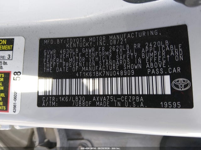 Продаж на аукціоні авто 2022 Toyota Camry Xse Awd, vin: 4T1K61BK7NU048909, номер лоту: 45919034