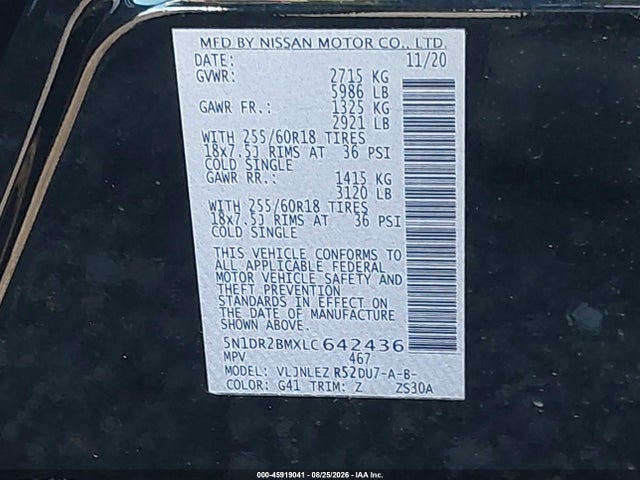 2020 Nissan Pathfinder Sv 4wd მანქანა იყიდება აუქციონზე, vin: 5N1DR2BMXLC642436, აუქციონის ნომერი: 45919041