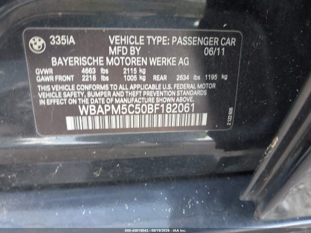 2011 Bmw 335 I მანქანა იყიდება აუქციონზე, vin: WBAPM5C50BF182061, აუქციონის ნომერი: 45919043