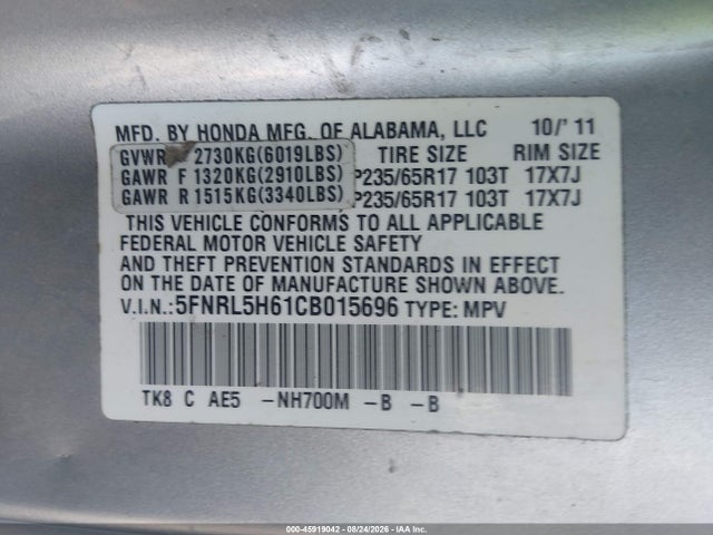 Auction sale of the 2012 Honda Odyssey Ex-l, vin: 5FNRL5H61CB015696, lot number: 45919042