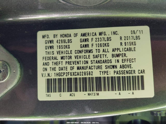 Продажа на аукционе авто 2012 Honda Accord 2.4 Se, vin: 1HGCP2F6XCA028582, номер лота: 45919047