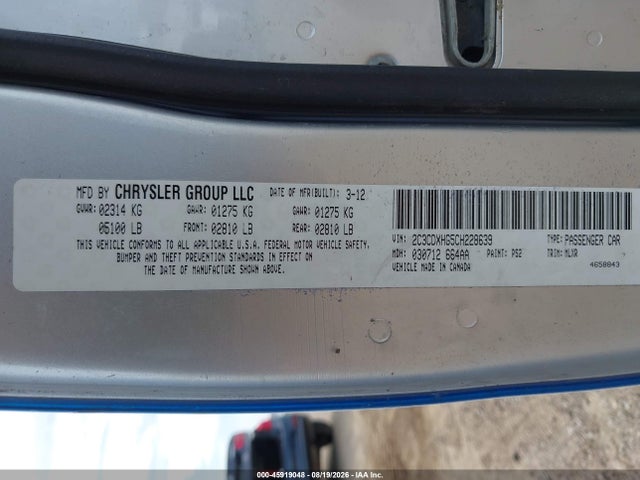 45919048 :رقم المزاد ، 2C3CDXHG5CH228639 vin ، 2012 Dodge Charger Sxt مزاد بيع