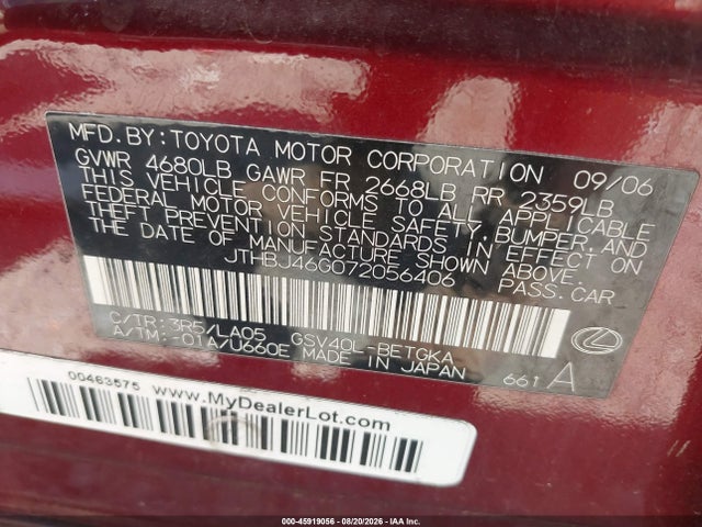 Aukcja sprzedaży 2007 Lexus Es 350, vin: JTHBJ46G072056406, numer aukcji: 45919056