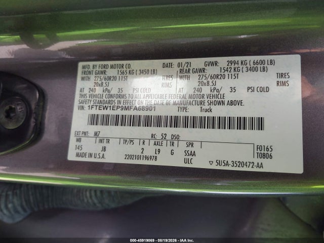 Продажа на аукционе авто 2021 Ford F-150 Xl, vin: 1FTEW1EP9MFA68901, номер лота: 45919069