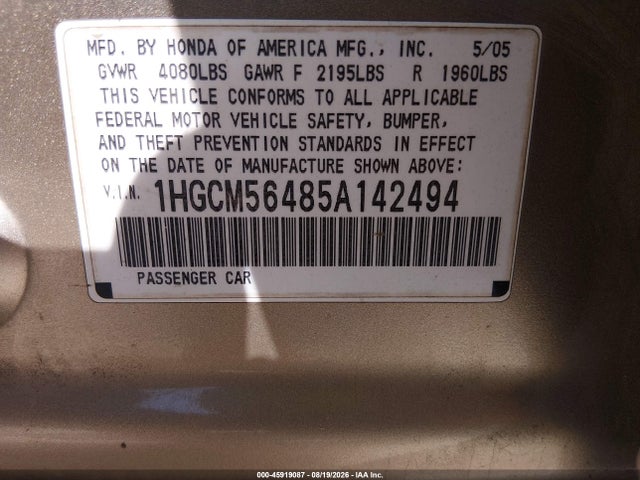 2005 Honda Accord 2.4 Lx მანქანა იყიდება აუქციონზე, vin: 1HGCM56485A142494, აუქციონის ნომერი: 45919087