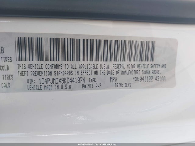 45919097 :رقم المزاد ، 1C4PJMDX9KD441874 vin ، 2019 Jeep Cherokee Limited 4x4 مزاد بيع