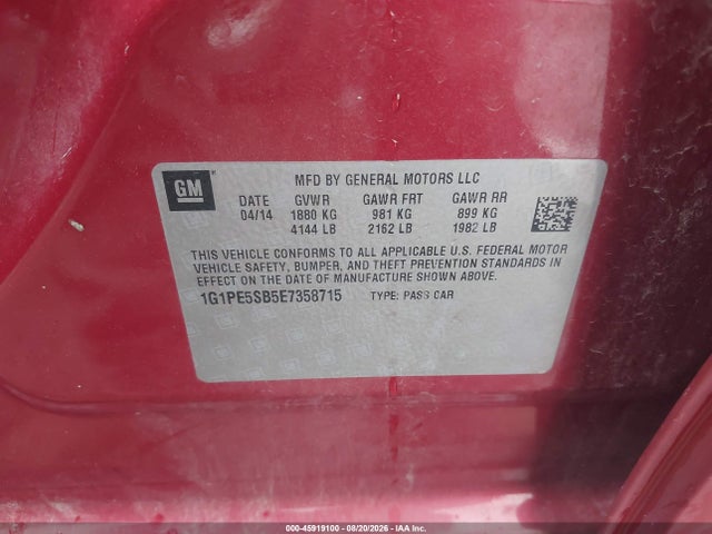 45919100 :رقم المزاد ، 1G1PE5SB5E7358715 vin ، 2014 Chevrolet Cruze 2lt Auto مزاد بيع