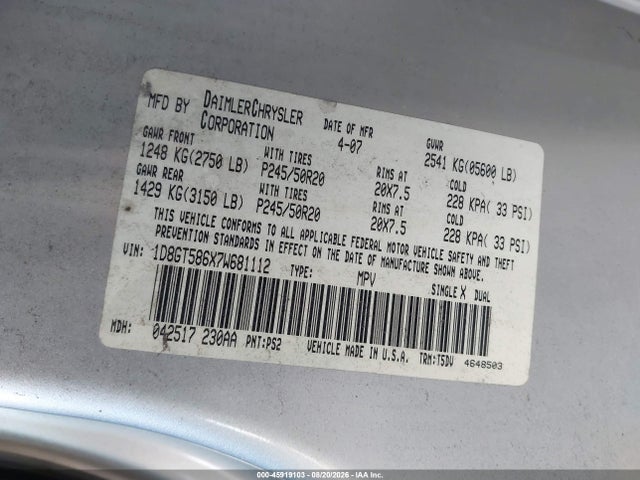 2007 Dodge Nitro Slt/rt მანქანა იყიდება აუქციონზე, vin: 1D8GT586X7W681112, აუქციონის ნომერი: 45919103