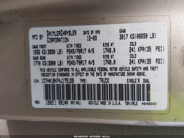 Продаж на аукціоні авто 2004 Dodge Ram 1500 Slt/laramie, vin: 1D7HA18N74J175129, номер лоту: 45919105