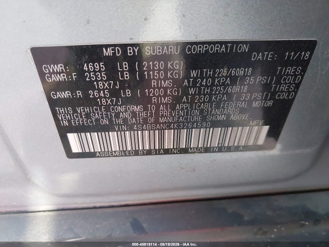 45919114 :رقم المزاد ، 4S4BSANC4K3264590 vin ، 2019 Subaru Outback 2.5i Limited مزاد بيع