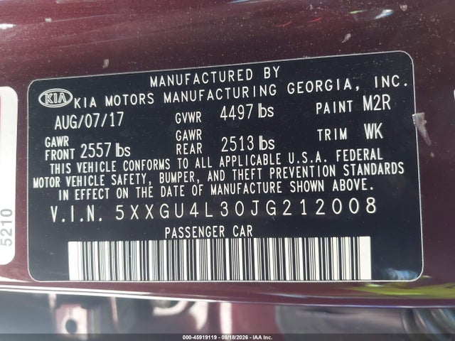 Aukcja sprzedaży 2018 Kia Optima Ex, vin: 5XXGU4L30JG212008, numer aukcji: 45919119
