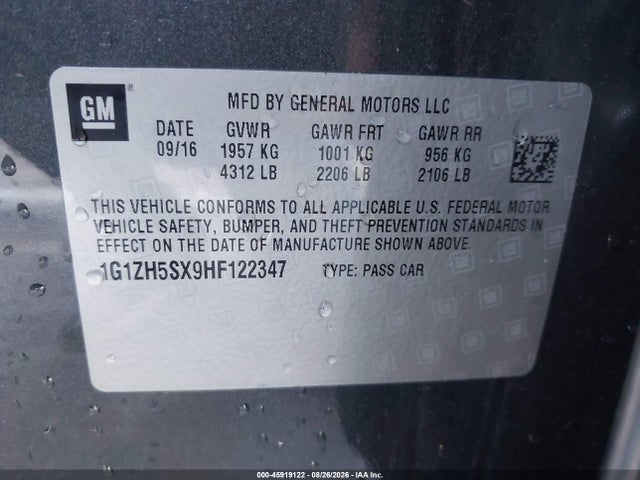 45919122 :رقم المزاد ، 1G1ZH5SX9HF122347 vin ، 2017 Chevrolet Malibu Premier مزاد بيع