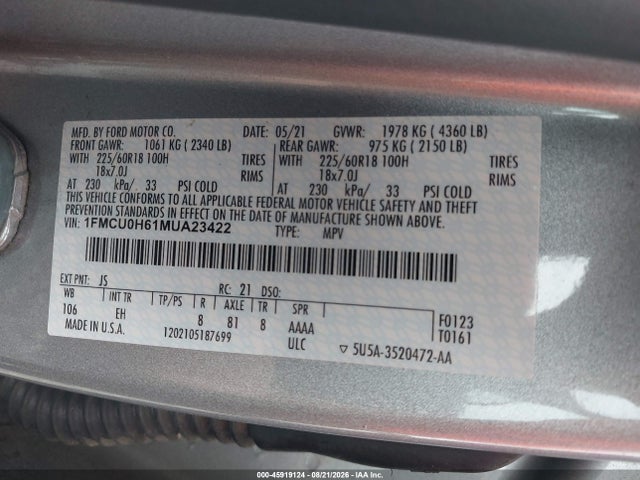 Продаж на аукціоні авто 2021 Ford Escape Sel, vin: 1FMCU0H61MUA23422, номер лоту: 45919124