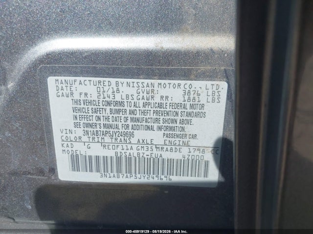 2018 Nissan Sentra S მანქანა იყიდება აუქციონზე, vin: 3N1AB7AP5JY249696, აუქციონის ნომერი: 45919129