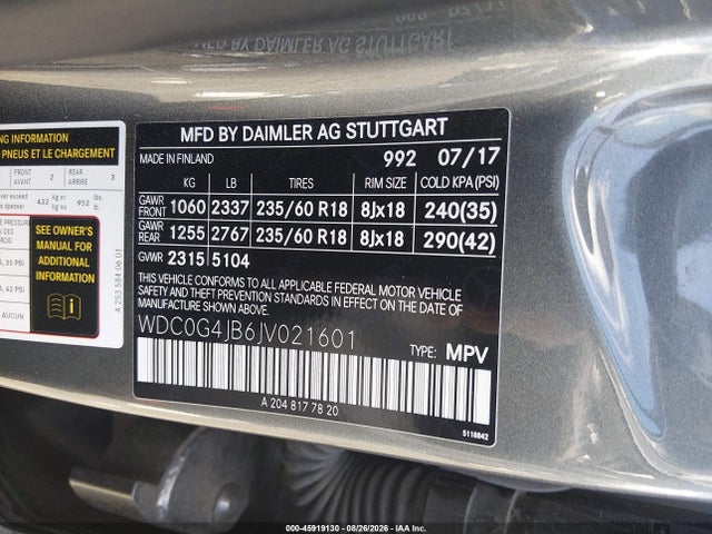 Aukcja sprzedaży 2018 Mercedes-benz Glc 300, vin: WDC0G4JB6JV021601, numer aukcji: 45919130