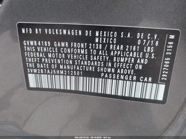 2017 Volkswagen Jetta 1.4t S მანქანა იყიდება აუქციონზე, vin: 3VW2B7AJ5HM212501, აუქციონის ნომერი: 45919136