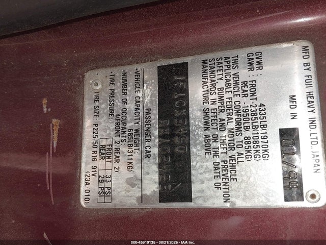 45919135 :رقم المزاد ، JF1CX3450RK102423 vin ، 1994 Subaru Svx Ls مزاد بيع