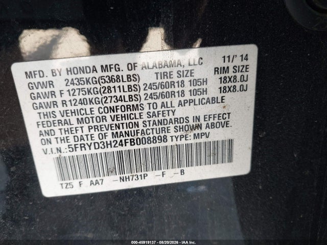 2015 Acura Mdx მანქანა იყიდება აუქციონზე, vin: 5FRYD3H24FB008898, აუქციონის ნომერი: 45919137