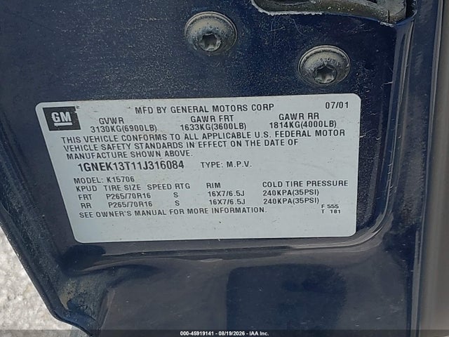 45919141 :رقم المزاد ، 1GNEK13T11J316084 vin ، 2001 Chevrolet Tahoe Lt مزاد بيع