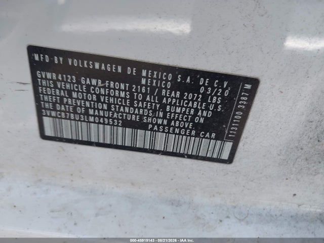Продажа на аукционе авто 2020 Volkswagen Jetta 1.4t R-line/1.4t S/1.4t Se, vin: 3VWCB7BU3LM049532, номер лота: 45919143