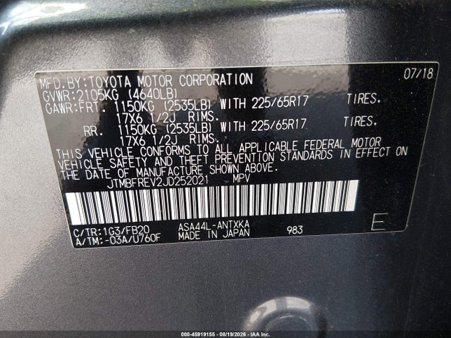 45919155 :رقم المزاد ، JTMBFREV2JD252021 vin ، 2018 Toyota Rav4 Le مزاد بيع