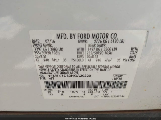 Продажа на аукционе авто 2017 Ford Explorer Xlt, vin: 1FM5K7D83HGA20220, номер лота: 45919162