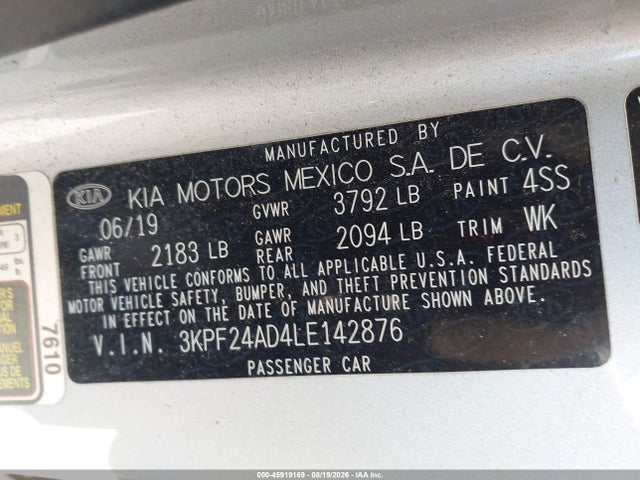 Aukcja sprzedaży 2020 Kia Forte Lxs, vin: 3KPF24AD4LE142876, numer aukcji: 45919169