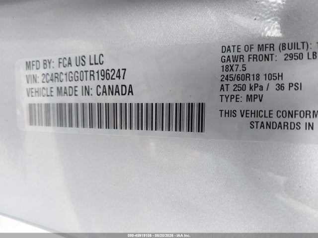 2026 Chrysler Pacifica Limited მანქანა იყიდება აუქციონზე, vin: 2C4RC1GG0TR196247, აუქციონის ნომერი: 45919186