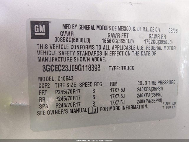 Aukcja sprzedaży 2009 Chevrolet Silverado 1500 Lt, vin: 3GCEC23J09G118393, numer aukcji: 45919197