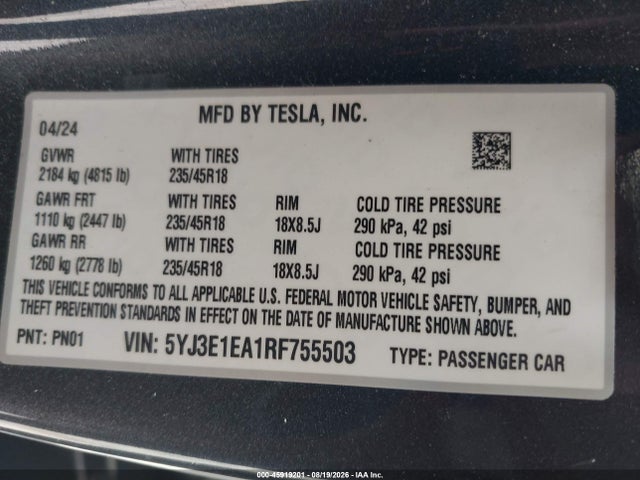 Продаж на аукціоні авто 2024 Tesla Model 3 Long Range Dual Motor All-wheel Drive/rear-wheel Drive, vin: 5YJ3E1EA1RF755503, номер лоту: 45919201