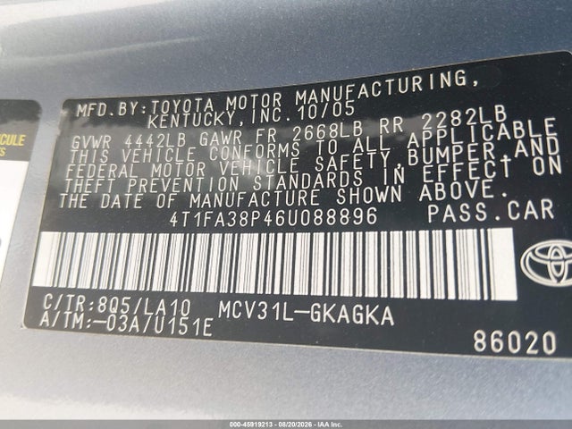 2006 Toyota Camry Solara Sle მანქანა იყიდება აუქციონზე, vin: 4T1FA38P46U088896, აუქციონის ნომერი: 45919213