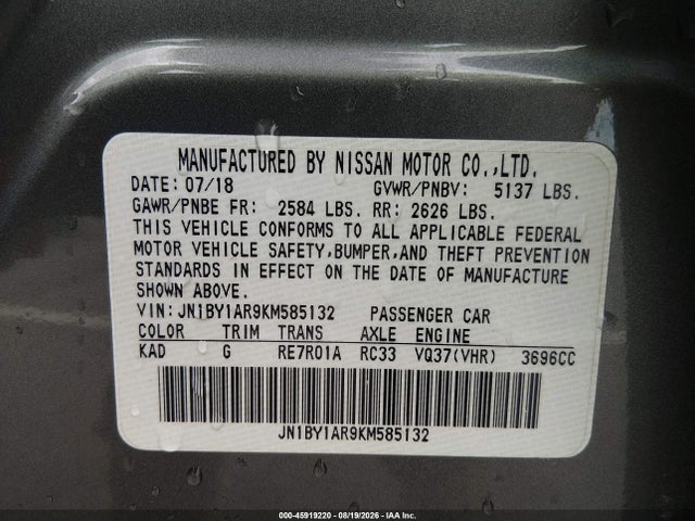 Aukcja sprzedaży 2019 Infiniti Q70 3.7x Luxe, vin: JN1BY1AR9KM585132, numer aukcji: 45919220