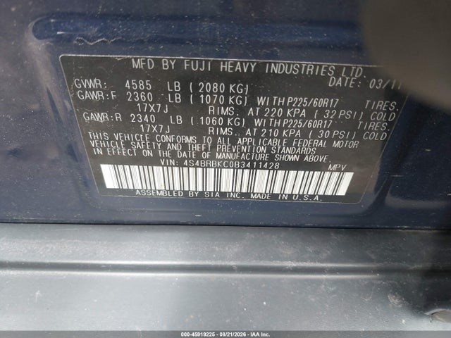 2011 Subaru Outback 2.5i Limited მანქანა იყიდება აუქციონზე, vin: 4S4BRBKC0B3411428, აუქციონის ნომერი: 45919225