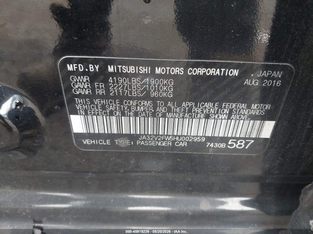 45919226 :رقم المزاد ، JA32V2FW5HU002959 vin ، 2017 Mitsubishi Lancer Sel مزاد بيع