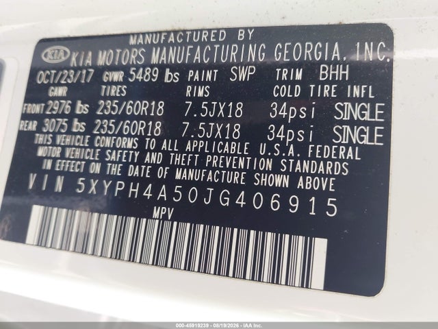 5XYPH4A50JG406915 KIA Sorento 3.3l Ex