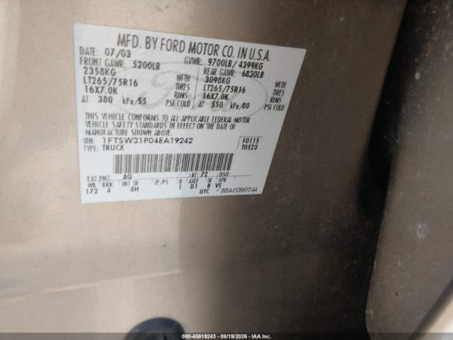 45919243 :رقم المزاد ، 1FTSW31P04EA19242 vin ، 2004 Ford F-350 Lariat/xl/xlt مزاد بيع