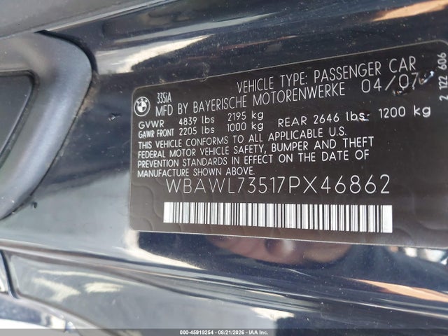 45919254 :رقم المزاد ، WBAWL73517PX46862 vin ، 2007 Bmw 335i مزاد بيع