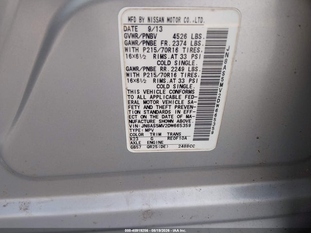 Aukcja sprzedaży 2013 Nissan Rogue S, vin: JN8AS5MV2DW665359, numer aukcji: 45919256