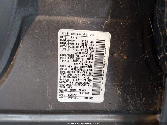 Продаж на аукціоні авто 2011 Nissan Murano Sl, vin: JN8AZ1MU7BW066112, номер лоту: 45919264