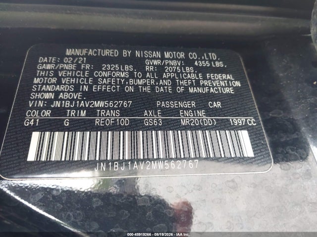 Aukcja sprzedaży 2021 Nissan Rogue Sport S Fwd Xtronic Cvt, vin: JN1BJ1AV2MW562767, numer aukcji: 45919266