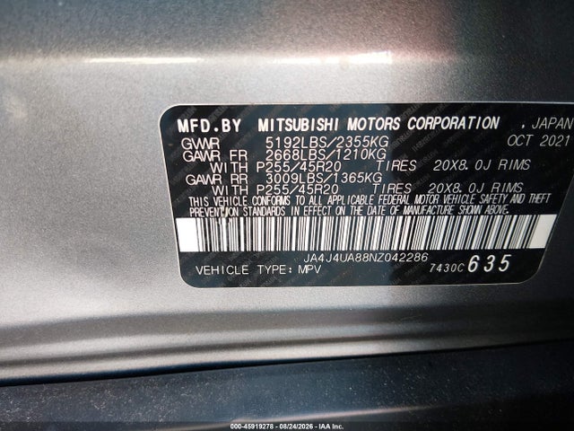 Aukcja sprzedaży 2022 Mitsubishi Outlander Black Edition S-awc/se 2.5 S-awc/se Launch Edition S-awc, vin: JA4J4UA88NZ042286, numer aukcji: 45919278